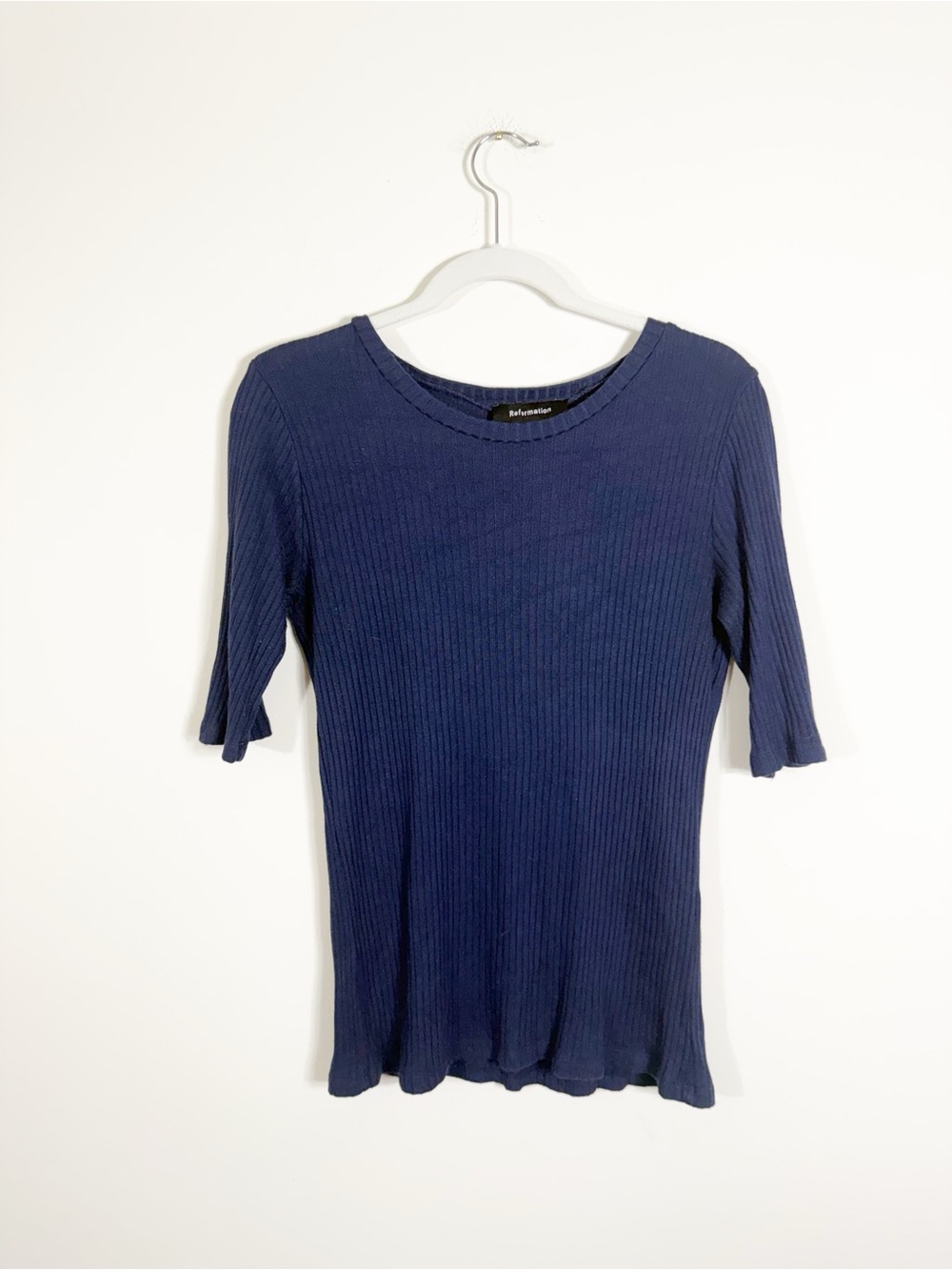 Reformation Janine Knit Top Navy Blue Short Sleeve Ribbed XL - Picture 4 of 7